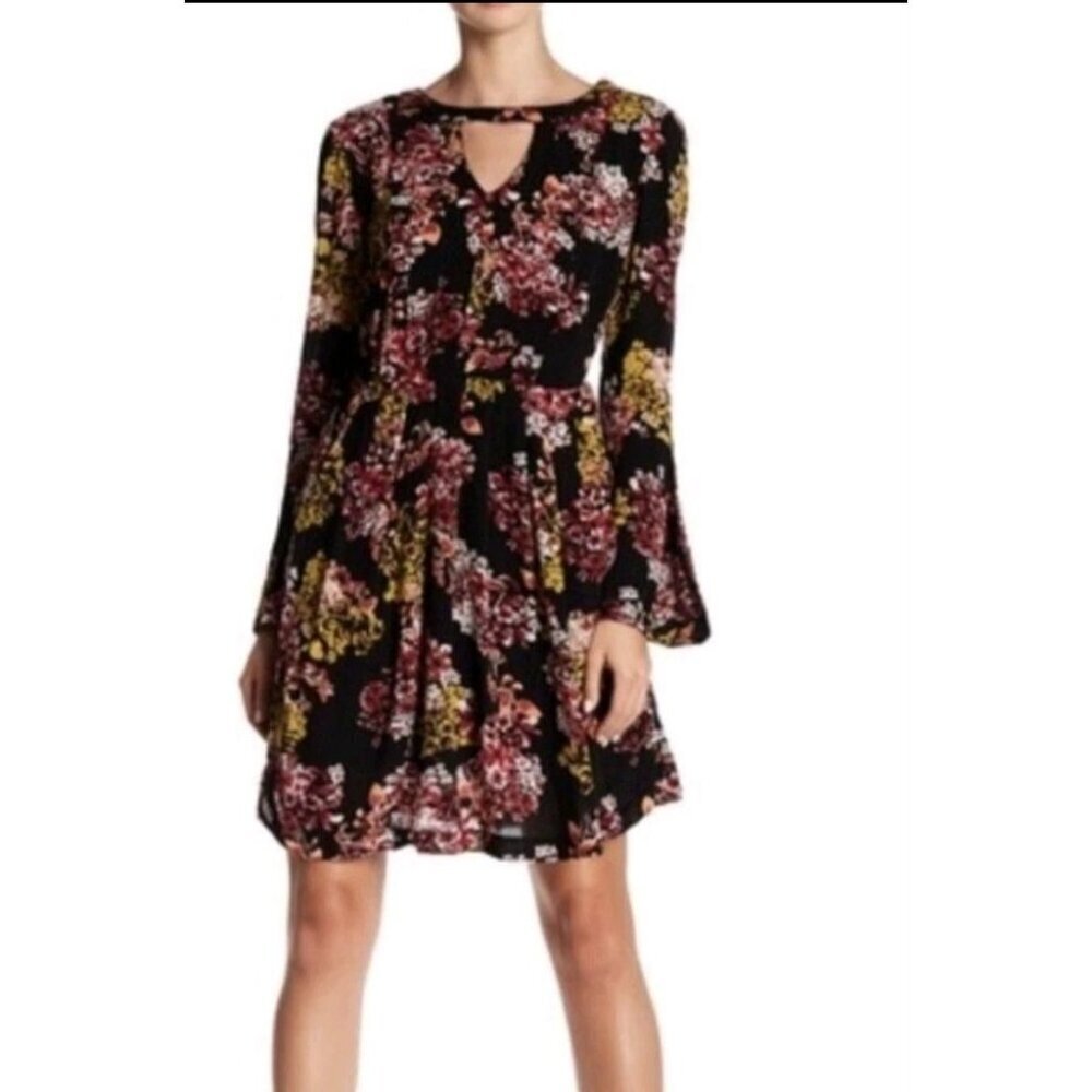 Nina Leonard Boho Midi Floral Keyhole Neckline & Tiered Skirt Sundress-L